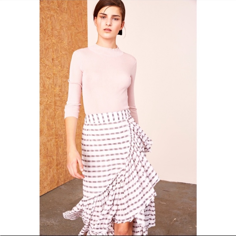 Ulla Johnson Gretchen Ruffle Asymmetrical Hem Midi Skirt Pink white plaid Size 2